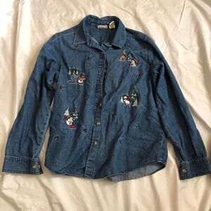 Vintage Snowman Denim Button-Down Shirt by Classic Elements Petite